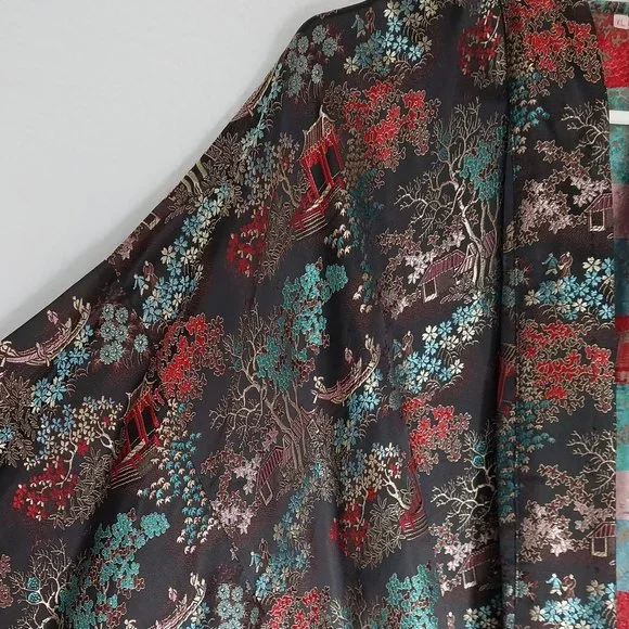 Longevity Hangzhou China Vintage Brocade Asian Print Long Kimono Style Robe - Picture 6 of 10